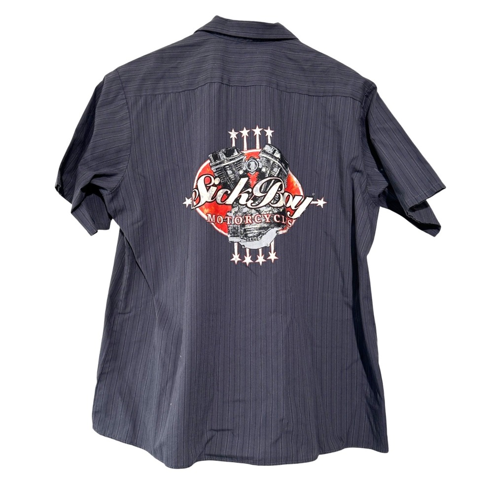 SICK‎ BOY Motorcycles Mens Gray Striped Short Sleeve Mechanics Button Shirt 2XL